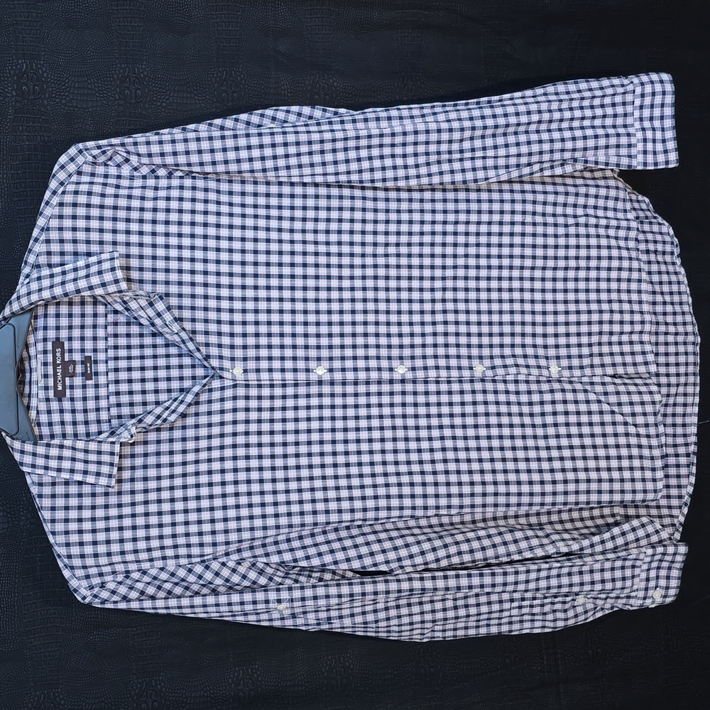 Michael Kors Men's Slim Fit Navy and White Plaid Shirt with Cuff Buttons - 2XL